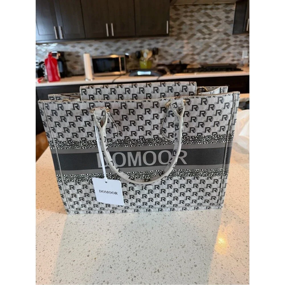 Domoor of Denmark Designer Monogram Tan Black Tote Bag Vegan Leather w/Dust Bag